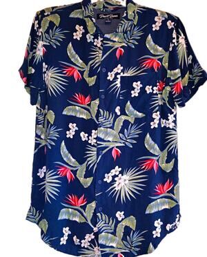Desert Dunes Mens Medium Navy Blue Tropical Floral Hawaiian Shirt Rayon